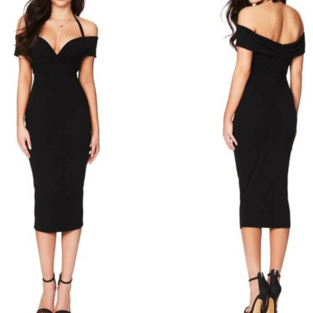NWT Nookie Women's Size Small Black Athena Off Shoulder Elegant Midi Dress
